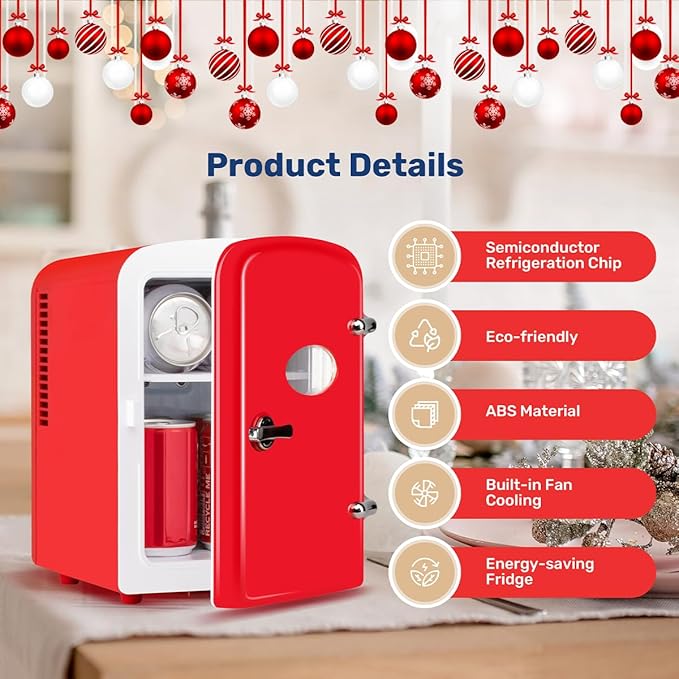 HealSmart 4L Mini Fridge with Observation Window, 6 Can Capacity, Freon-Free and Portable Cooler and Warmer, Cosmetics/Food/Beverage, Red New