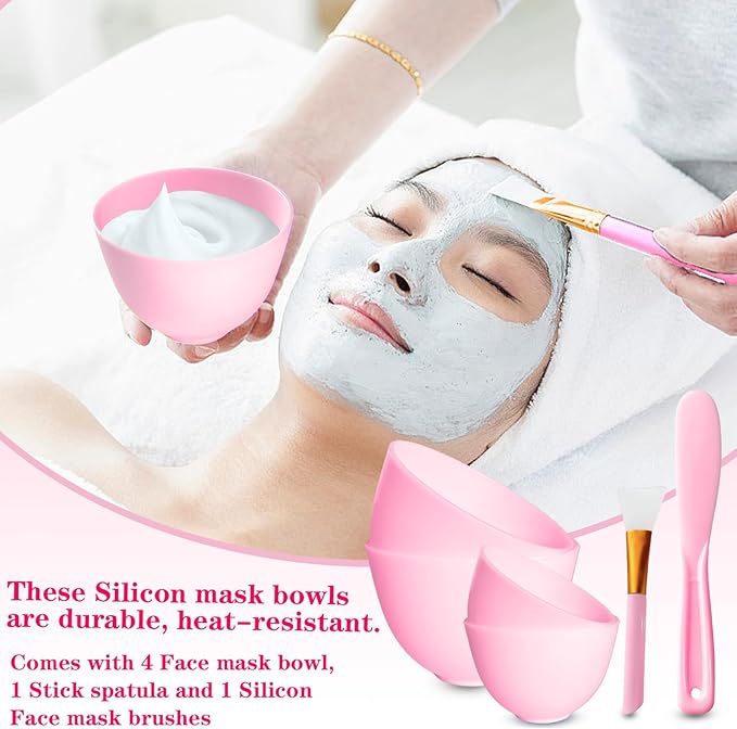 4Pcs Silicone Facial Mask Bowl DIY Face Mask Mixing Bowl for for Home Salon Spa Face Skin Applicator Bowl, Pink