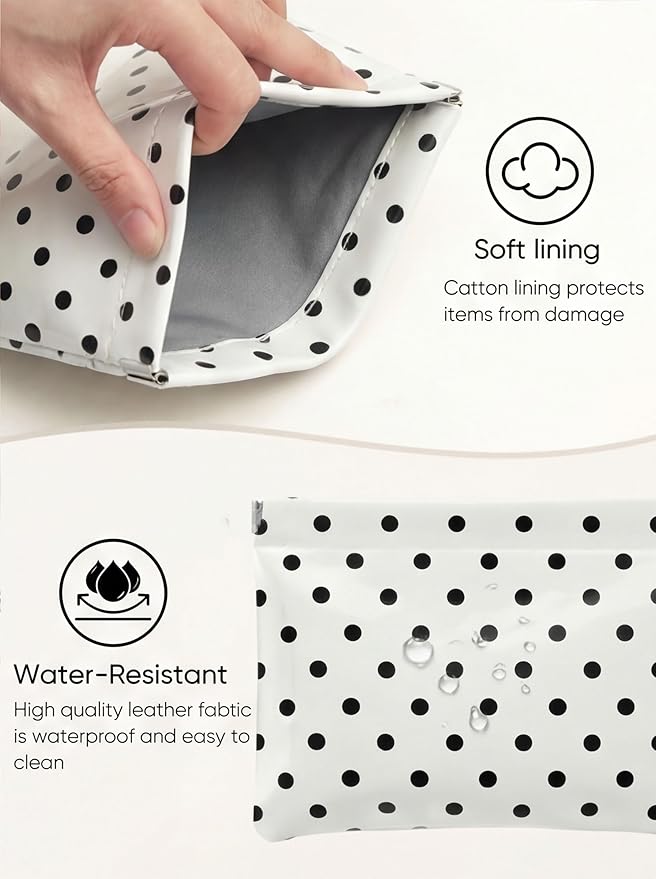 Dots Leather Makeup Pouch Set for Women Small Make Up Bag for Purse Waterproof Initial Makeup Cosmetic Bags Pouches for Purse Aesthetic Travel Toiletry Bag,White Black