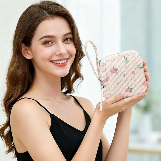 Small Makeup Bag | Discreet Period Bag Pad Pouch for Purse| Sanitary Napkin Storage & Tampon Holder for Travel(Cute strawberries pink)