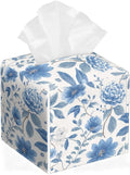 Floral Tissue Box Cover Blue Leather Tissue Box Holder Square Facial Paper Organizer Dispenser for Bathroom Kitchen Bedroom Vanity Countertop Night Stands