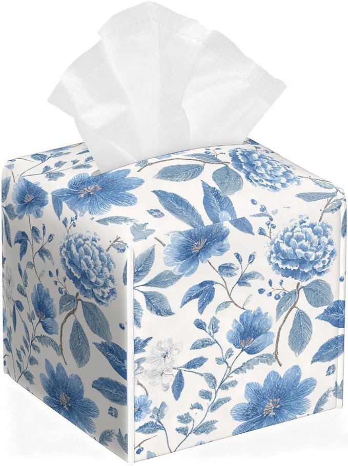 Floral Tissue Box Cover Blue Leather Tissue Box Holder Square Facial Paper Organizer Dispenser for Bathroom Kitchen Bedroom Vanity Countertop Night Stands