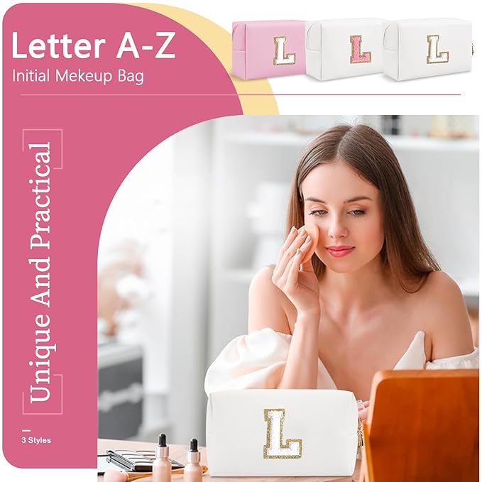 Small Personalized Initial A-Z Preppy Patch Makeup Bag,White PU Chenille Letter Travel Cosmetic Pouch with Zipper,Cute Toiletry Bag,Gift Ideal for Teen Girls Women Teacher Bridesmaid,Letter L