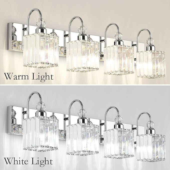 Ralbay Chrome Crystal Vanity Light 4-Lights 31.5'' Modern Bathroom Wall Lighting Over Mirror