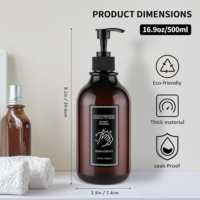 Shampoo and Conditioner Dispenser, Refillable Plastic Shampoo Pump Bottles with Waterproof Labels, Empty Body Wash Dispenser Set for Bathroom, Shower Soap Bottles (Brown)