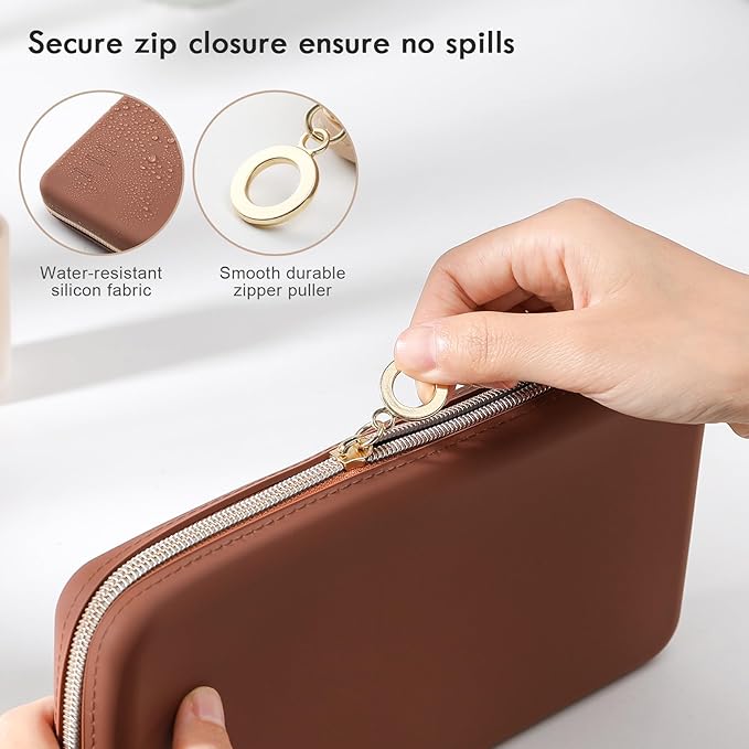FVION Zipper Makeup Brushes Bag For Travel, Large Silicone Makeup Brush Holder, Make Up Brushes Pouch Case for Makeup Tools - Brown