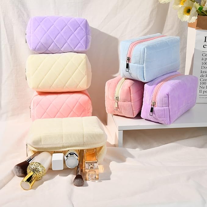 SOIDRAM Makeup Bag Plush Cosmetic Bag Cute Aesthetic Makeup Bag Blue Makeup Pouch Travel Toiletry Bag Organizer Soft Makeup Brushes Accessories Storage Bag for Women