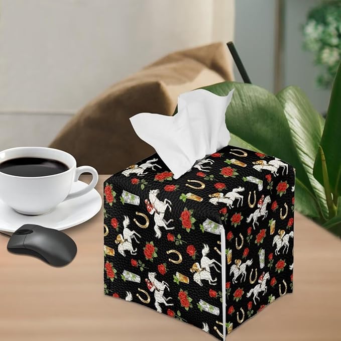 Rose Racing Horse Decorative Tissue Box Cover, Waterproof PU Leather Square Holder with Metal Button, Protective Napkin Case for Bathroom Countertop, Office Desk, and Car Interior