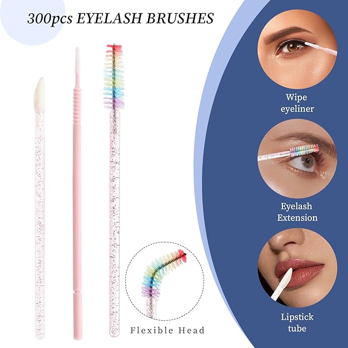 300 PCS Eyelash Extension Supplies Kit, Disposable Micro Swab Brush, Eyebrow Spoolie, Lip Brush, Mascara Wand Applicator(Rainbow sets）