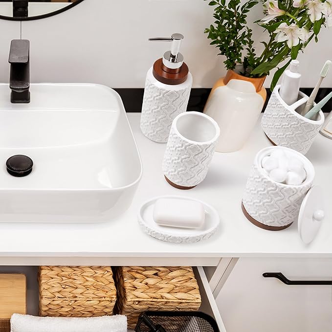 Elegant Bathroom Accessories Set 5 PCS Ceramic and Wood Bathroom Accessory Set Soap Dispenser Toothbrush Holder Tumbler Soap Dish Cotton Swab Jar Easy to Clean Quatrefoil Pattern White