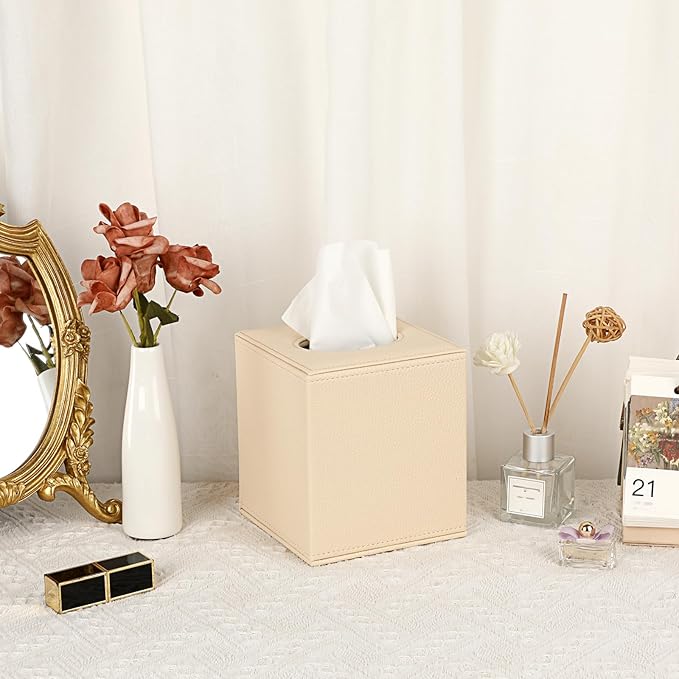 Sumnacon Tissue Box Cover Square Tissue Box Stylish PU Tissue Box Holder with Magnetic Bottom, Cube Leather Tissue Cover for Living Room Bathroom Table Desk Home Office Car, Beige