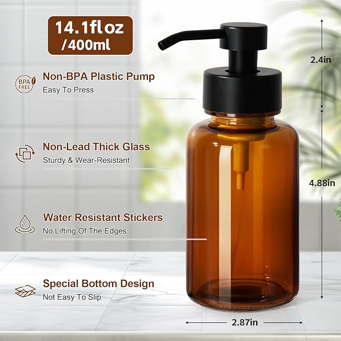 Amber Foam Soap Dispenser, 14.1 oz/400ml Foaming Hand Soap Dispenser, 2 Pack Glass Foaming Dispenser for Bathroom & Kitchen, Refillable Liquid Dispenser Bottle with Waterproof Labels