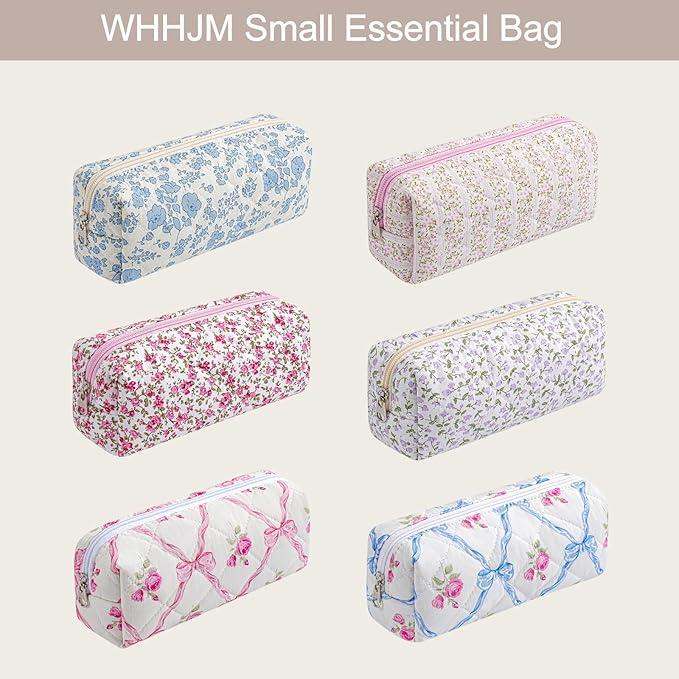 Cute Floral Makeup Brush Bag Small Cotton Quilted Cosmetic Bag for Women Travel Toiletry Zipper Make Up Pouch (Purple Floral)