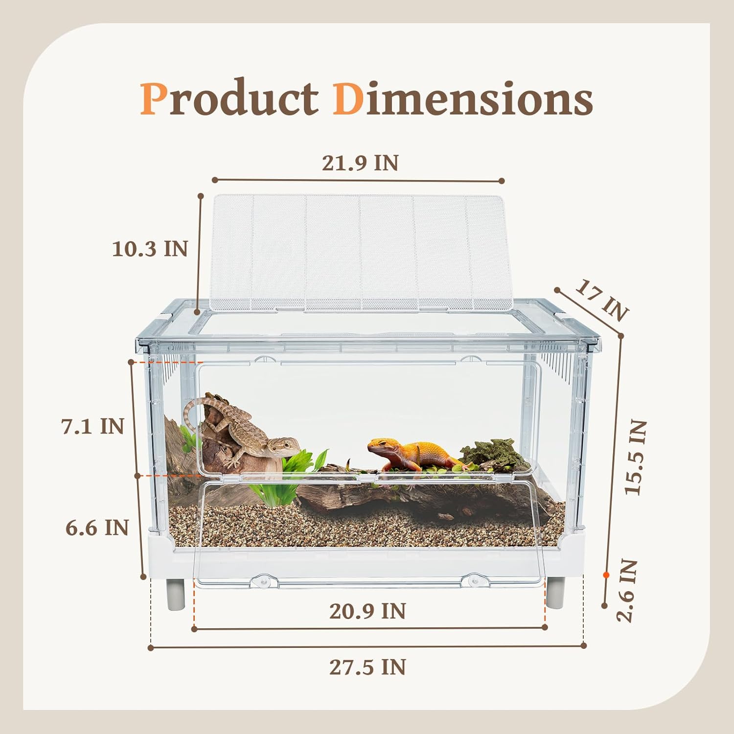 Large Clear Foldable Reptile Habitat Cage - Easy Assembly, Front Opening, Escape Proof Lock, for Hamster, Lizard, Hedgehog, Small Animals (27.5" L x 17" W x 15.5" H)