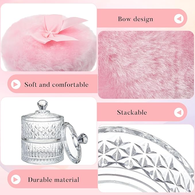 Tioncy 3 Pcs Large Body Powder Puff and Container Valentine's Day gift Powder Container with Puff Crystal Case Soft Washable Reusable Velour Face Body Glitter Wet Dry Makeup(Diamond,Clear)