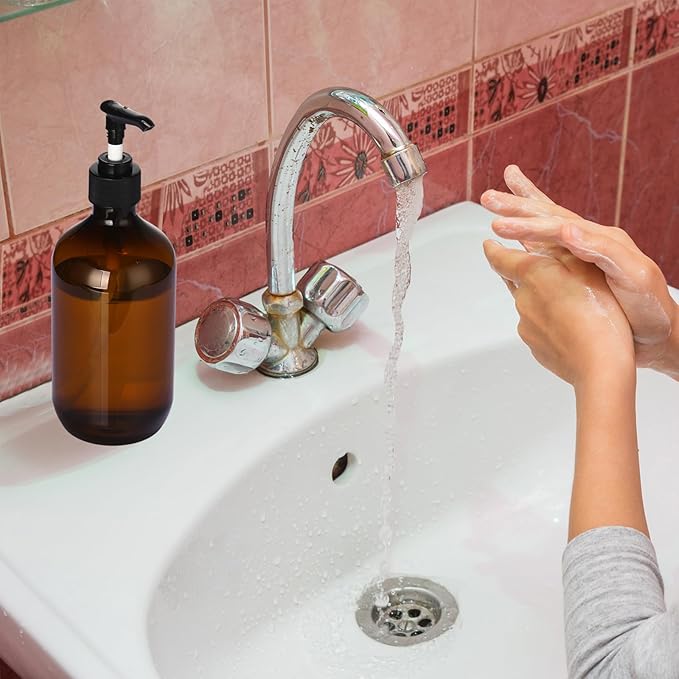 Sliner 6 Pcs Shampoo and Conditioner Dispenser Bottles 16.9 oz Plastic Shower Bottles with Pump and 1 Silicone Funnel Reusable Hand Soap Containers for Bathroom Shower(Amber)