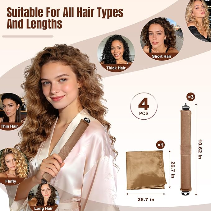 TULOBI 3 Pcs Heatless Curls Overnight - Upgraded Velvet Heatless Hair Curler with Velcro Fastener, Overnight Jumbo Blowout Rods, Hair Curlers to Sleep in for All Hair Types (Khaki)
