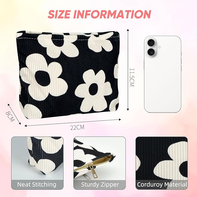 Cute Makeup Pouch for Women Flower Small Make Up Bag for Purse Zipper Initial Cosmetic Bags Pouches for Purse Aesthetic Travel Toiletrybags Gift,Black White Floral