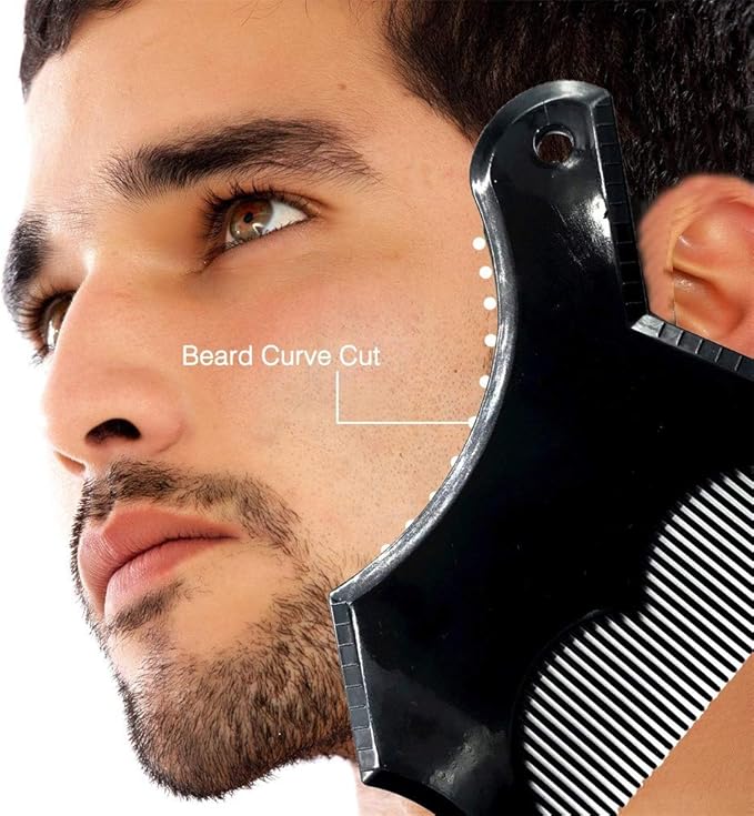 Beard Shaping Tool with Inbuilt Comb and Transparent Template Works with Electric Trimmers for Perfect Lineup Edging Jaw Cheek Neck Line Symmetric Curve Step Cut Styling Guide (Black)