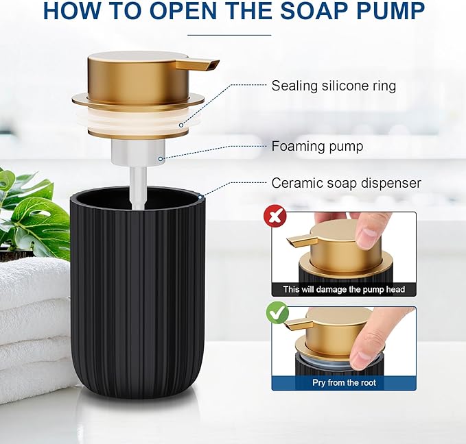 Ceramic Foaming Soap Dispenser, 12 oz Bathroom Foam Hand Soap Dispenser, Refillable Lotion Soap Dispenser with Removable Pump for Kitchen Hand Wash Dispenser, Modern Home Decor (Black)