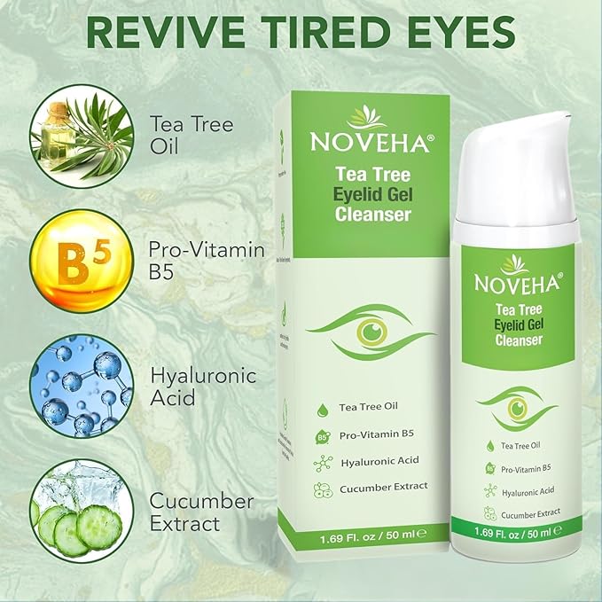 NOVEHA Tea Tree Eyelid Gel Cleanser - for Blepharitis, MGD, and Dry Eye with Pro-Vitamin B5, Hyaluronic Acid, and Cucumber Extract - Gentle Cleansing, Soothes Itchy Eyelid and Burning Eyes - 3PK-50mL