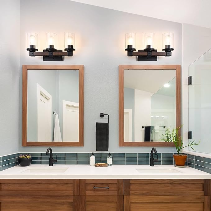 EDISHINE Farmhouse Vanity Lights for Bathroom, 3-Light Bathroom Vanity Lights Over Mirror, Wall Sconce with Clear Glass Shades for Vanity Table, Living Room(E26 Base)