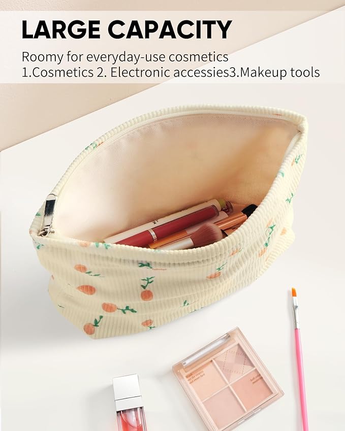 Cute Orange Beige Makeup Pouch for Women Small Make Up Fruit Pattern Bag for Purse Zipper Initial Makeup Cosmetic Bags Pouches for Purse Aesthetic Travel Toiletry Bags Gift
