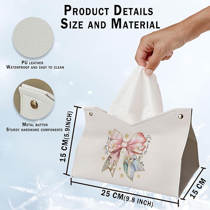 Pink Bows Tissue Box Cover Rectangle, Snowflake Winter Holiday Decor Tissue Box Holder Organizer, Bow Decor for Bathroom Kitchen Car, Farmhouse Christian Gifts for Women Girls 9.8x5.9x5.9