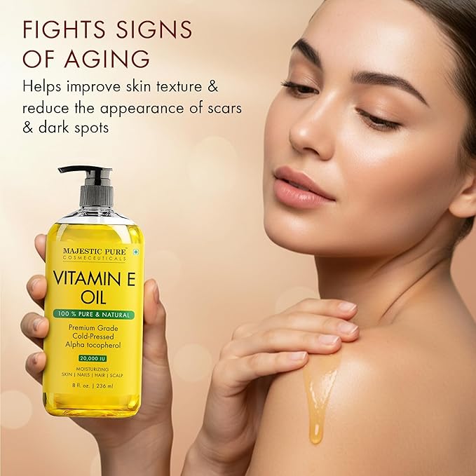 Majestic Pure Vitamin E Oil 8 Fl Oz - 100% Pure and Natural- Cold Pressed & Hexane Free Natural Hair Growth Oil for Eyelashes, Eyebrows, Skin, Body, Face, Nails & Scalp
