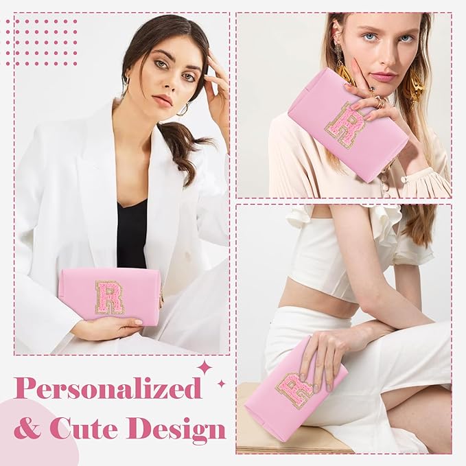 Personalized Initial A-Z Preppy Patch Makeup Bag,Small PU Leather Chenille Letter Cosmetic Bag with Zipper for Teen Girls,Pink Cute Travel Toiletry Bag,Birthday Monogrammed Gift for Daughter,Letter R