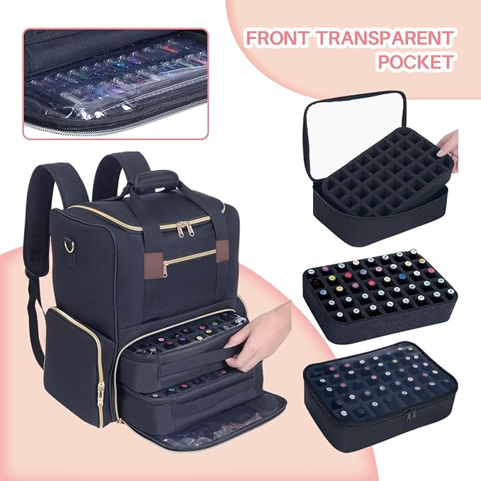 Nail Polish Organizer Backpack Holds 80 Bottles and a Nail Lamp Supplies with 2 Removable Cases Storage Bag Professional Travel Case for Manicurist (Black)