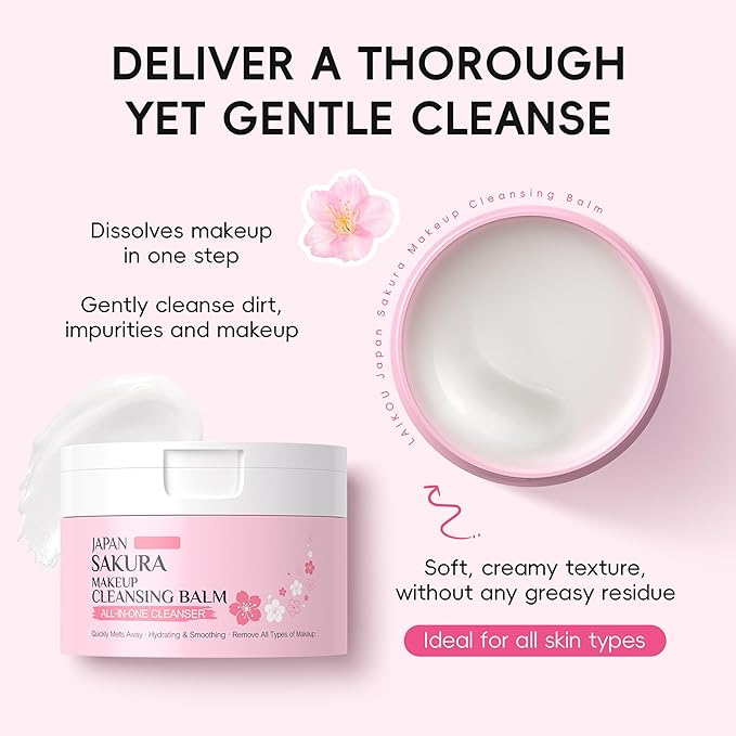 Sakura Makeup Cleansing Balm, Hydrating & Smoothing All-In-One Cleanser Quickly Melts Away, Gently Cleanse Dirt, Impurities And Makeup Face Cleanser & Makeup Remover for Women Girls, 3.53oz.