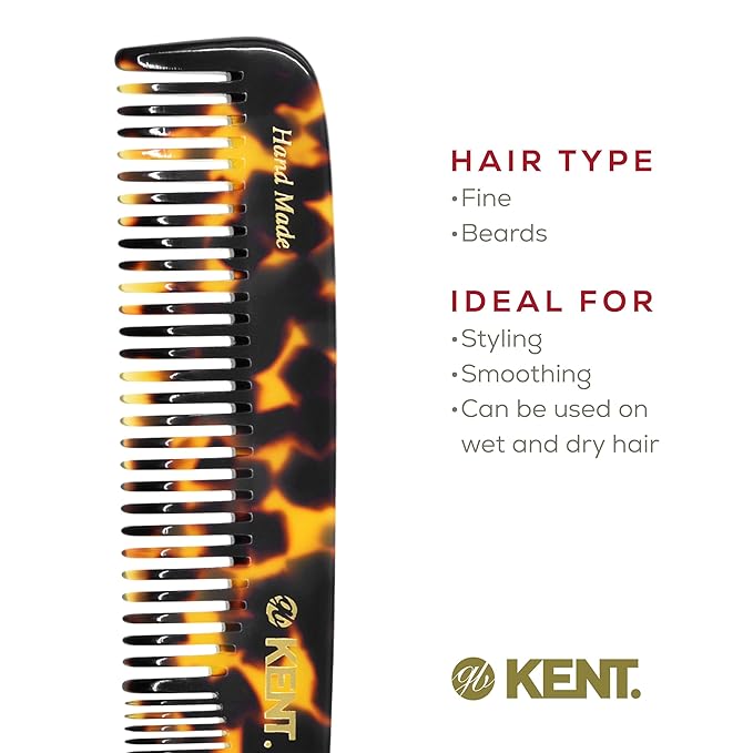 KENT 9T Fine Tooth & Wide Tooth Comb Detangler - Large Handmade Saw-Cut Dressing Comb - Wet/Dry Hair Comb for Women & Men, Made in England (Yellow Tokyo), 1 Count