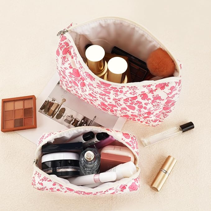 2Pcs Quilted Makeup Bag Set Flower Cute Pencil Case Large Small Travel Makeup Pouch Set for Women Coquette Makeup Bag Aesthetic Cotton Cosmetic Bag Pink Toiletry Organizer Storage Bag Big Zipper Pouch