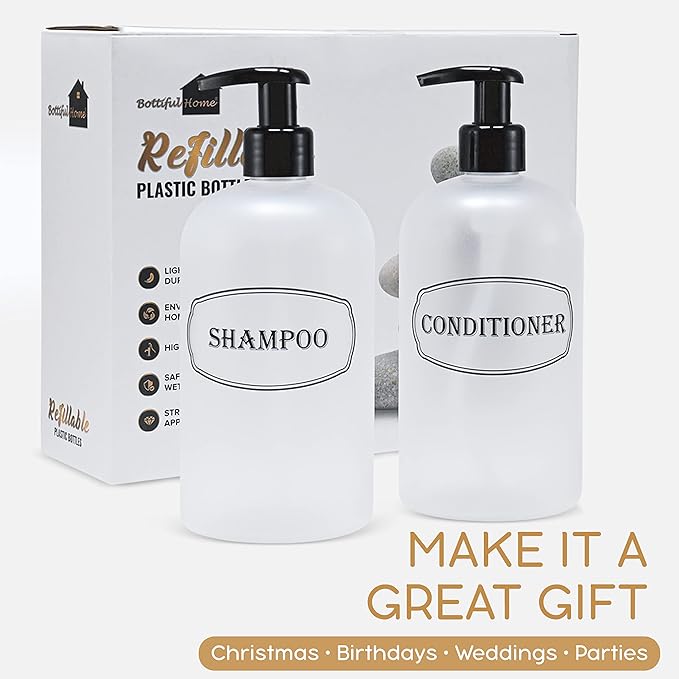 Bottiful Home-16 oz Shampoo and Conditioner Refillable Empty Plastic Pump Bottle Dispenser Set (Frosted Clear)