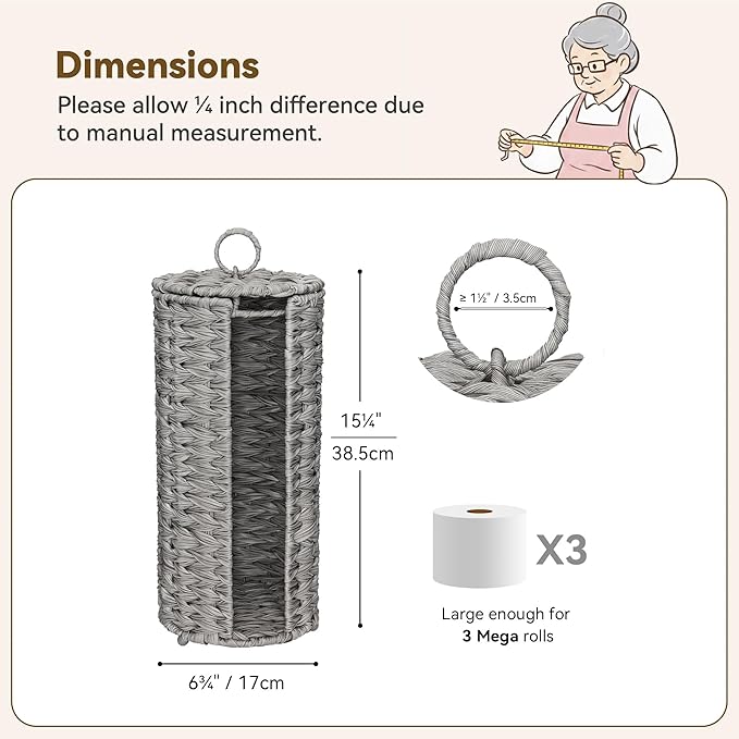 GRANNY SAYS Toilet Paper Storage with Lid, Toilet Paper Holder Stand with Storage, Woven Basket for 3 Mega Rolls, Decorative Tissue Holder for Bathroom, Gray