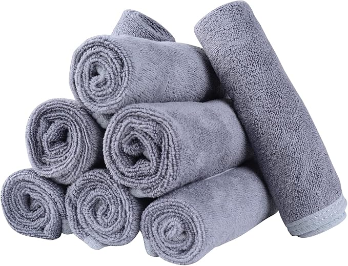 Microfiber Facial Cloths (Facial Towels), 8 Pack (12 x 12 inch), Super Absorbent, Quick Drying Fast, Soft, Eco-Friendly, for Facial Wash Cleansing, Make-up Removal, Baby and Travel (Grey)