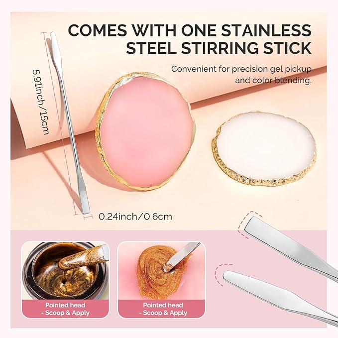 MelodySusie 2PCS Round Shape Resin Nail Art Palette Set with Stainless Steel Mixing Stick, Professional Color Mixing Board for Gel Polish, Acrylics, Pigment Blending, Salon and DIY Makeup Tool