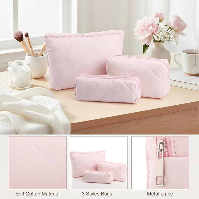 Paterr 3 Pcs Quilted Makeup Bag Set Small Bridesmaid Cosmetic Bag Aesthetic Travel Toiletry Pouch Cute Purse Pencil Case Makeup Storage Organizer for Women Birthday Gifts(Cotton,Pink)