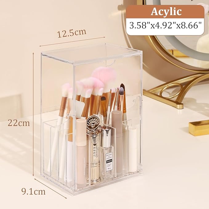 Acrylic Makeup Brush Holder with Slanted Flip-Top Lid - Clear Dustproof Cosmetic Make up Brush Organizer and Storage Box - Large Capacity 17-Slots Container for Vanity Brushes (Transparent)