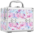 Joligrace Makeup Case for Girls Cosmetic Train Case Makeup Storage Box Jewelry Organizer Hair Accessories Lockable with Trays & Mirror Kids Gift Coloful Pink Unicorn