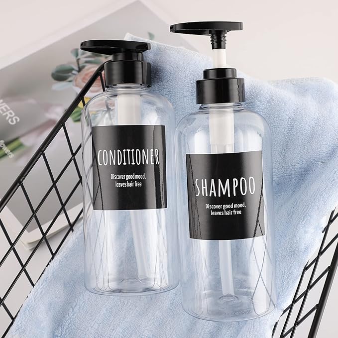 Shampoo and Conditioner Bottles, Segbeauty 2 Pack 16.9oz Refillable Shampoo Bottles, 500ml Labeled Clear Shower Bottles Refillable, Large Empty Plastic Bathroom Soap Lotion Shampoo Dispenser with Pump