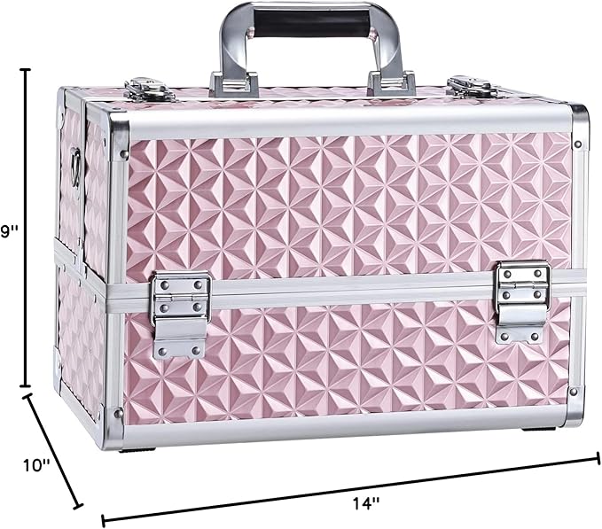 Joligrace Makeup Train Case Professional Cosmetic Organizer Aluminum Storage Box with 4 Adjustable Dividers Trays Lockable Portable with Shoulder Strap