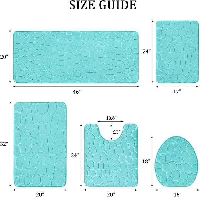 YIHOUSE Bathroom Rugs Mat Set 5 Piece Teal, Memory Foam Bath Mats Sets, Non Slip Water Absorbent Washable Bath Rugs for Sink, Toilet and Floor