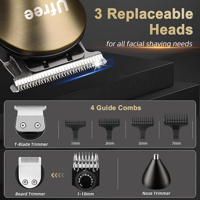 Ufree Hair Clippers for Men Professional with Beard Trimmer, Barber Clippers and Trimmers Set, Electric Razor Shavers for Men, Cordless Mens Grooming Kit for Nose, Face, Hair, Gifts Bronze