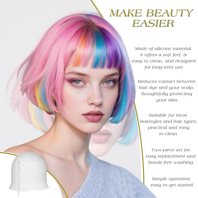 2PCS Reusable Silicone Hair Highlighting Caps with Hooks – Pull Through Dye Caps with Holes for Frosting & Coloring, Hairdressing Salon Kit