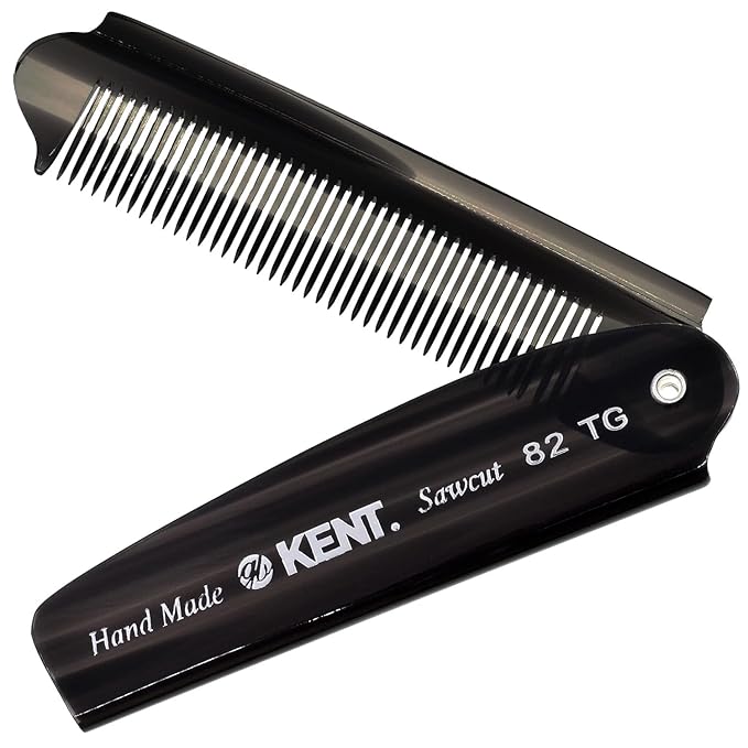 Kent 82T Black Graphite Folding Pocket Comb for Men, Fine Tooth Hair Comb Straightener for Everyday Grooming, Beard or Mustache, Use Dry or with Balms, Saw Cut Hand Polished, Made in England