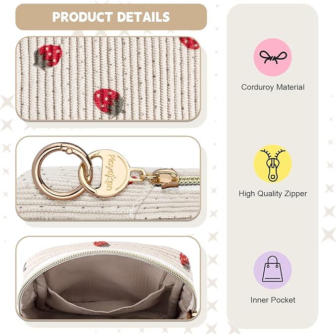 Cute Period Bag for Teen Girls, Corduroy Sanitary Napkin Storage Bag, Menstrual Pad Pouch Tampon Holder for Purse (Pink-Strawberry)