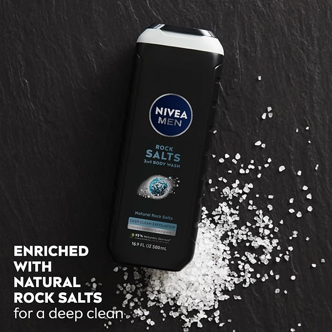 NIVEA MEN Deep Clean Rock Salts Body Wash with Scrub Particles and Natural Rock Salt,Exfoliating Body Wash for Men,Cleanses Without Drying Skin,16.9 Fl Oz Bottle,(Pack of 6)