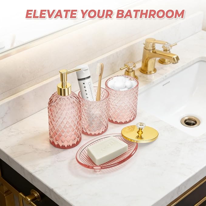 Jenseits Diamond Glass Bathroom Accessories Set 4 Pcs - Pink & Gold Bathroom Decor Set with Soap Dispenser, Toothbrush Holder, Qtip Jar, Vanity Tray - Luxury Gift for Women, Home Apartment Essentials